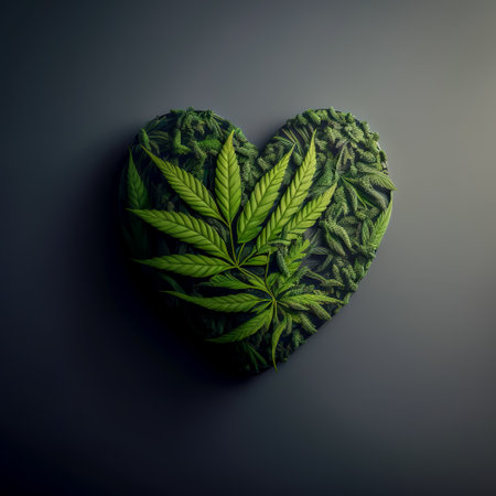 Heart symbol made of green marijuana. Heart Shape Cannabis Flower. medical usage. Valentines day concept. Generative AIの写真素材