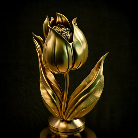 golden flower on dark background. Natural botany floral. Design of realistic, voluminous, metal, gold. Generative AIの写真素材