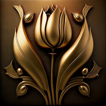 golden flower on dark background. Natural botany floral. Design of realistic, voluminous, metal, gold. Generative AIの写真素材