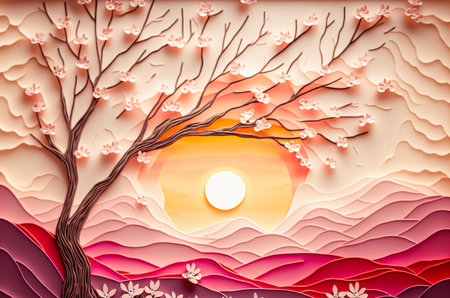 Paper cut autumn trees and flowers. Multi layered papercut creative. illustration. Generative AIの写真素材