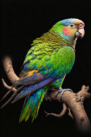 Beautiful colorful parrot sitting on a branch on a black background.  Generative AI