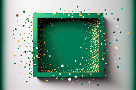 Green square frame with gold confetti on white background. Generative AIの写真素材