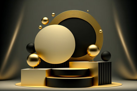 3D render, abstract background, black and gold, luxury podium, pedestal, product displayの写真素材