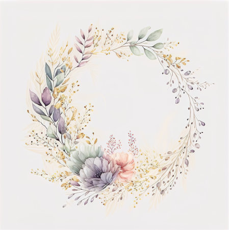 Hand drawn watercolor floral wreath isolated on white background. Perfect for invitations, greeting cards, blogs, postersの写真素材