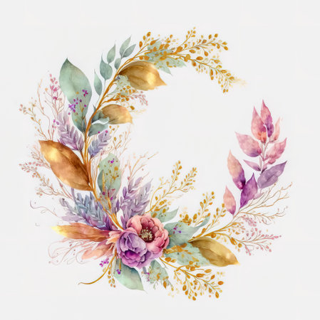 Watercolor floral wreath on white background. Hand-drawn illustration.の写真素材