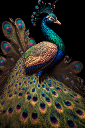 Colorful peacock on black background. Fantasy fractal image.の写真素材