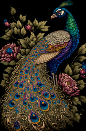 Peacock with flowers on a black background. Vector illustration.の写真素材