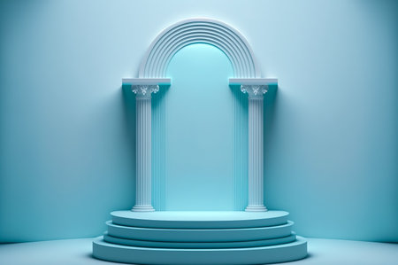 3d render of blue podium with white arch and columns on blue backgroundの写真素材