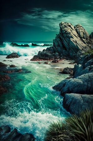 Beautiful seascape with waves crashing on the rocks. Toned.