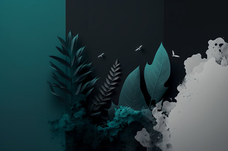 Abstract blue and black background with tropical leaves. 3D Renderingの写真素材