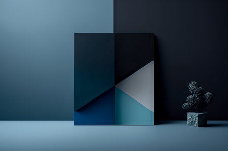 Minimalist interior design, 3d render, dark room with black and blue wall