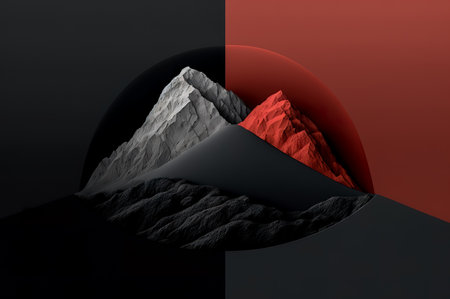 Abstract 3d rendering of mountain landscape with red and black background.の写真素材