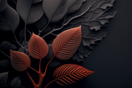 Abstract black background with leaves. 3D illustration. 3D rendering.の写真素材