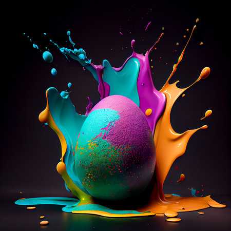 Colorful easter egg with paint splashes isolated on black backgroundの素材