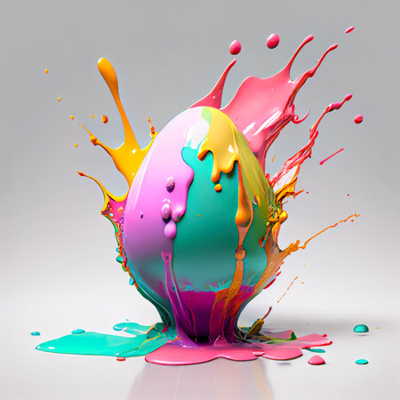 Colorful paint splashing on easter egg. 3d renderingの素材