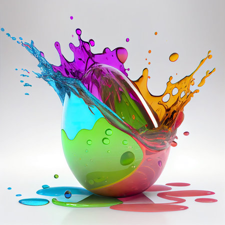 Colorful paint splashing out of an egg on a white backgroundの素材