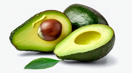Avocado with leaves and chestnut isolated on white backgroundの写真素材