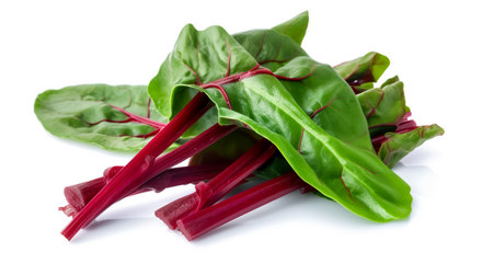 Fresh red chard leaves isolated on white background. Healthy food.