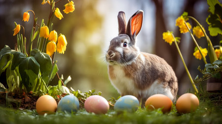 Easter eggs and cute bunny. Funny decoration. Happy Easter. Generative AI