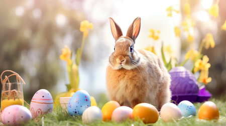 Easter eggs and cute bunny. Funny decoration. Happy Easter. Generative AI