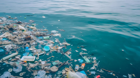 Plastic pollution in ocean. Problem plastic bottles and microplastics floating in the open ocean. Marine plastic pollution concept. Generative AIの素材