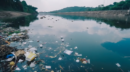 Plastic pollution in ocean. Problem plastic bottles and microplastics floating in the open ocean. Marine plastic pollution concept. Generative AIの素材