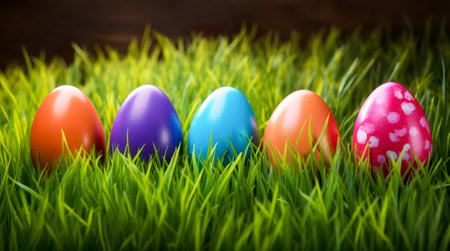 Colorful easter eggs on green grass background with bokeh