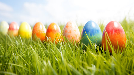 Colorful Easter eggs on wooden background. Top view with copy spaceの写真素材