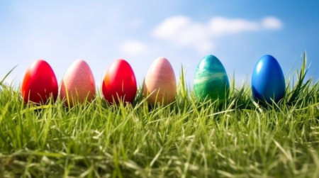 Colorful Easter eggs on rustic wooden background. Toned.