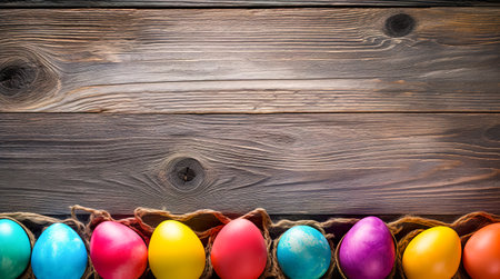 Easter eggs on rustic wooden background with space for text.の写真素材