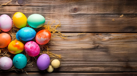Easter eggs on rustic wooden background with copyspace.の写真素材
