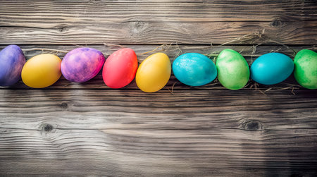 Colorful easter eggs in box on wooden background. View from above.の写真素材