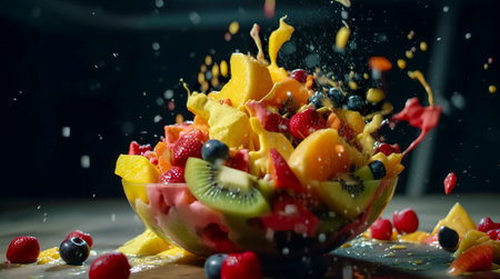 Fruit salad in a glass bowl with splashes of water.の素材