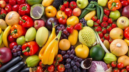 Fruits and vegetables as background, top view, close-upの素材