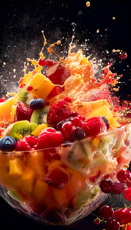 Fruit salad in a glass bowl with splashes on a black backgroundの素材
