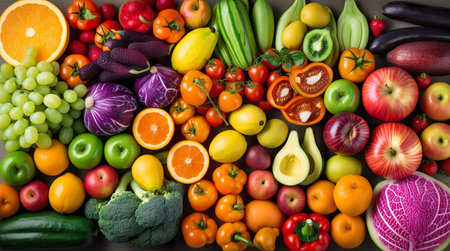 Vegetables and fruits background. Healthy food concept. Top view.の素材