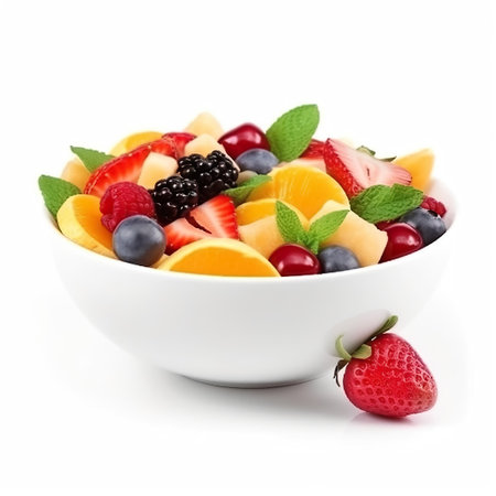 Fresh fruit salad in a bowl isolated on white background.の素材