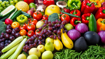 Composition with fresh vegetables and fruits as background, top view.の素材