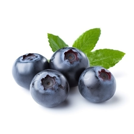 Blueberry berries with leaves isolated on white background close up. Healthy food concept.の素材