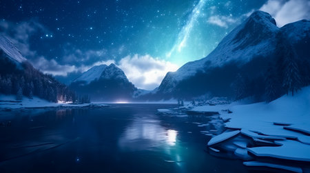 Aurora borealis Green northern lights above mountains. Night sky with polar lights. Night winter landscape with aurora and reflection on the water surface. Natural back. Generative AIの素材