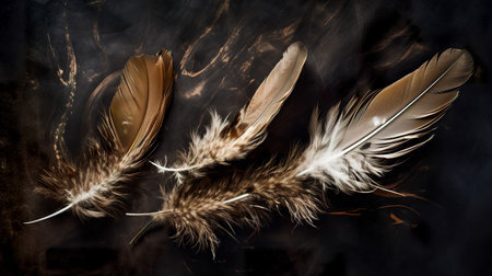 feathers of a bird on a dark background with smoke.の素材