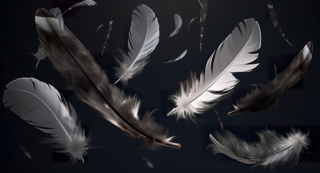 Feathers flying in the air on a dark background. 3d renderingの素材