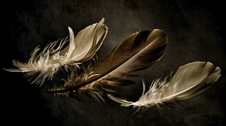 feathers of a bird on a dark background close-upの素材