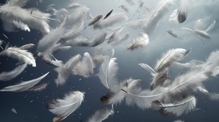 Feathers floating in the water. 3d render illustration.の素材