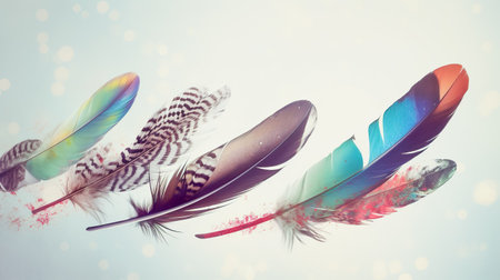 Colorful feathers isolated on white background. Vintage style toned pictureの素材