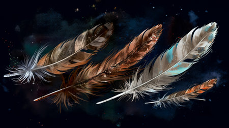 Feathers in the background of the night sky. Colorful feathers.の素材