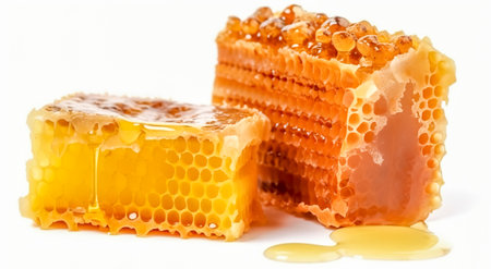 Honeycombs with honey on a white background close-upの素材