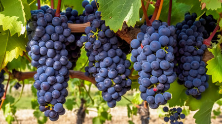 Closeup of blue grape in vineyard with sunlight. Winery and grapevine growing background frame. Generative AIの素材