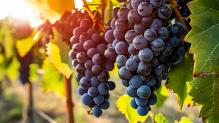 Closeup of blue grape in vineyard with sunlight. Winery and grapevine growing background frame. Generative AIの素材