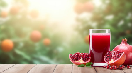 Pomegranate juice with fresh fruits on wooden table with pomegranate plant background. Generative AIの素材